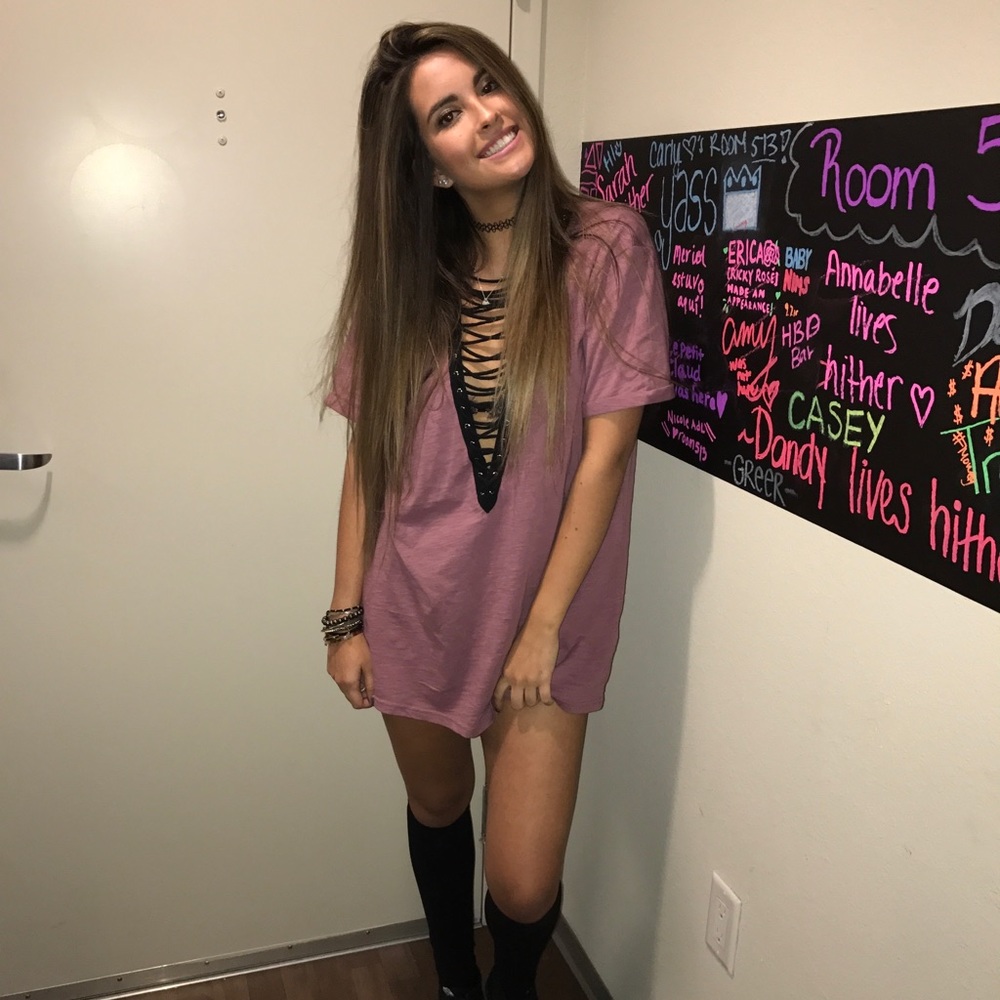 pink lace up t shirt dress